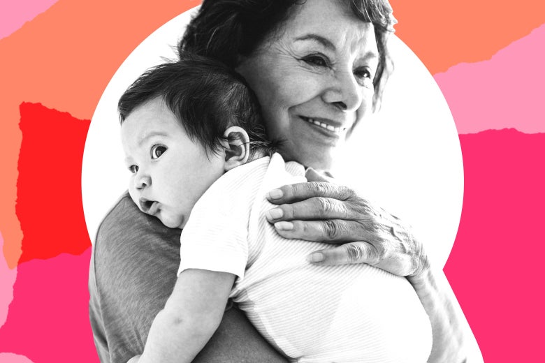 Photo illustration of an older woman, presumably a grandmother, holding an infant.